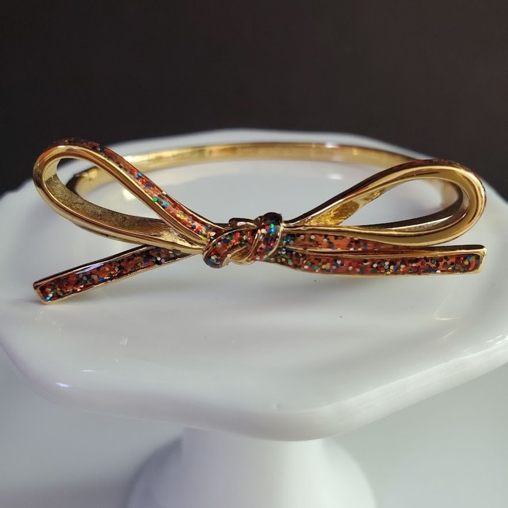 Kate Spade Skinny Mini Bow Bangle Bracelet Gold Tone Rainbow Glitter Hinged